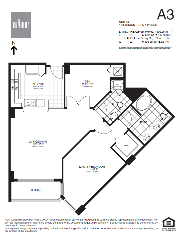 Floor plan for 1 bed, 1.5 baths, 979 sqft